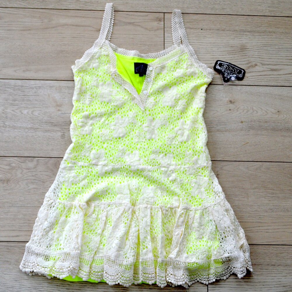Angie Laced neon dress woman size m summer short mini crochet detail happy sexy